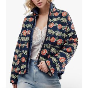 Quilted Floral Print Floral Print Lightweight Puffer Jacket Navy/White S
